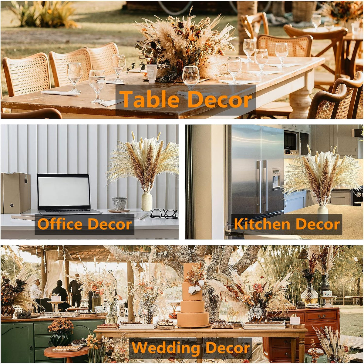 of Boho Pampas Grass Decor, Naturally Dried Pompas, Bunny Tails Dried Flowers, and dried eucalyptus. Perfect for Weddings, Boho Party Decorations, and Table Decor.