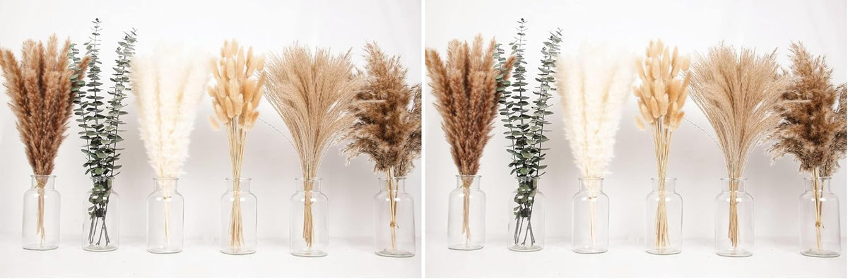 of Boho Pampas Grass Decor, Naturally Dried Pompas, Bunny Tails Dried Flowers, and dried eucalyptus. Perfect for Weddings, Boho Party Decorations, and Table Decor.