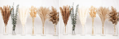 of Boho Pampas Grass Decor, Naturally Dried Pompas, Bunny Tails Dried Flowers, and dried eucalyptus. Perfect for Weddings, Boho Party Decorations, and Table Decor.