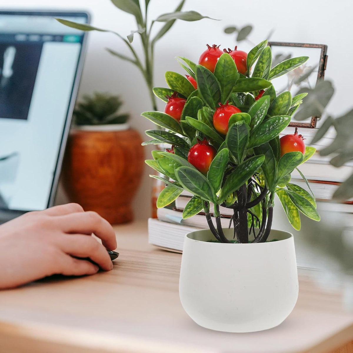Artificial Pomegranate Bonsai Tree with White Pot for Home Decor