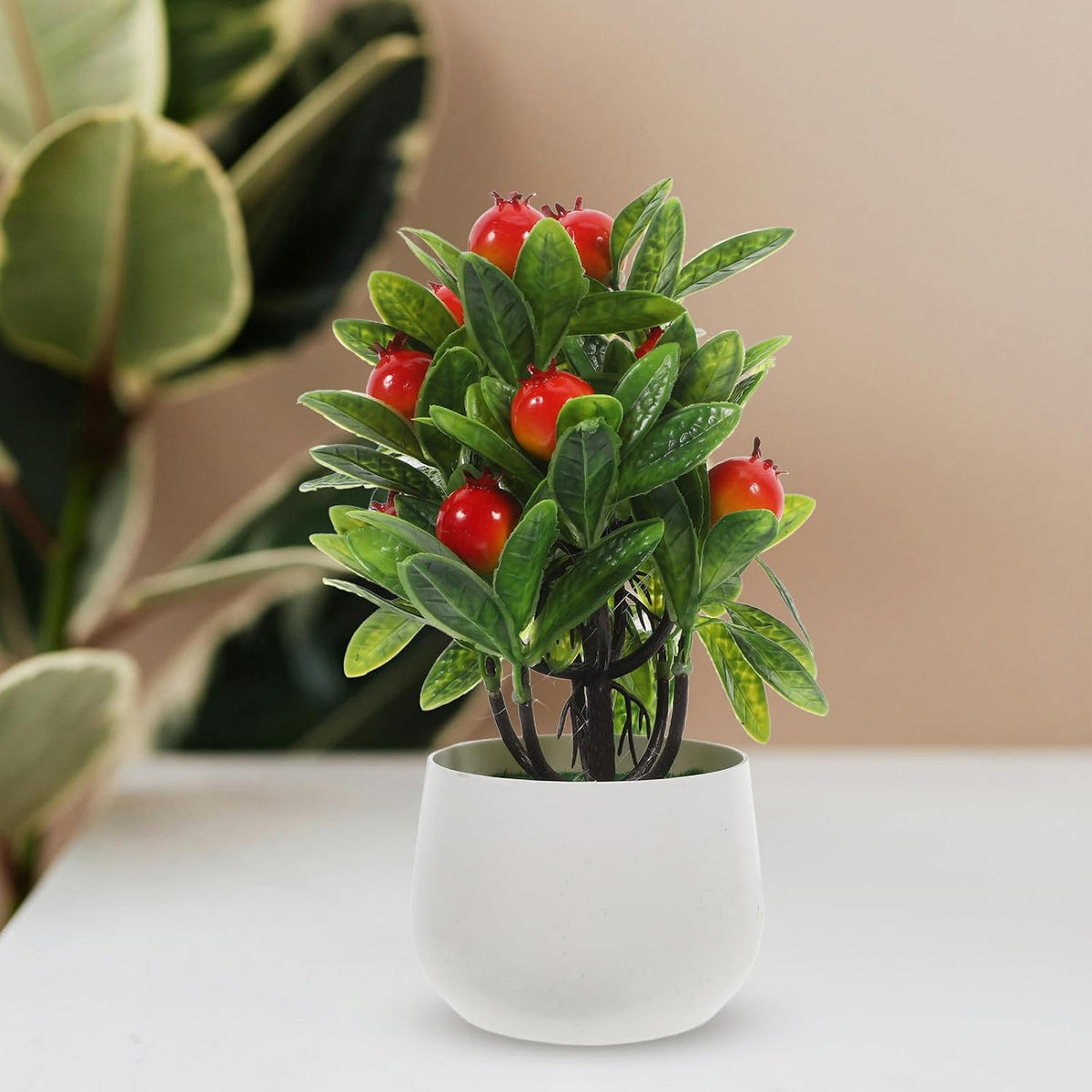 Artificial Pomegranate Bonsai Tree with White Pot for Home Decor