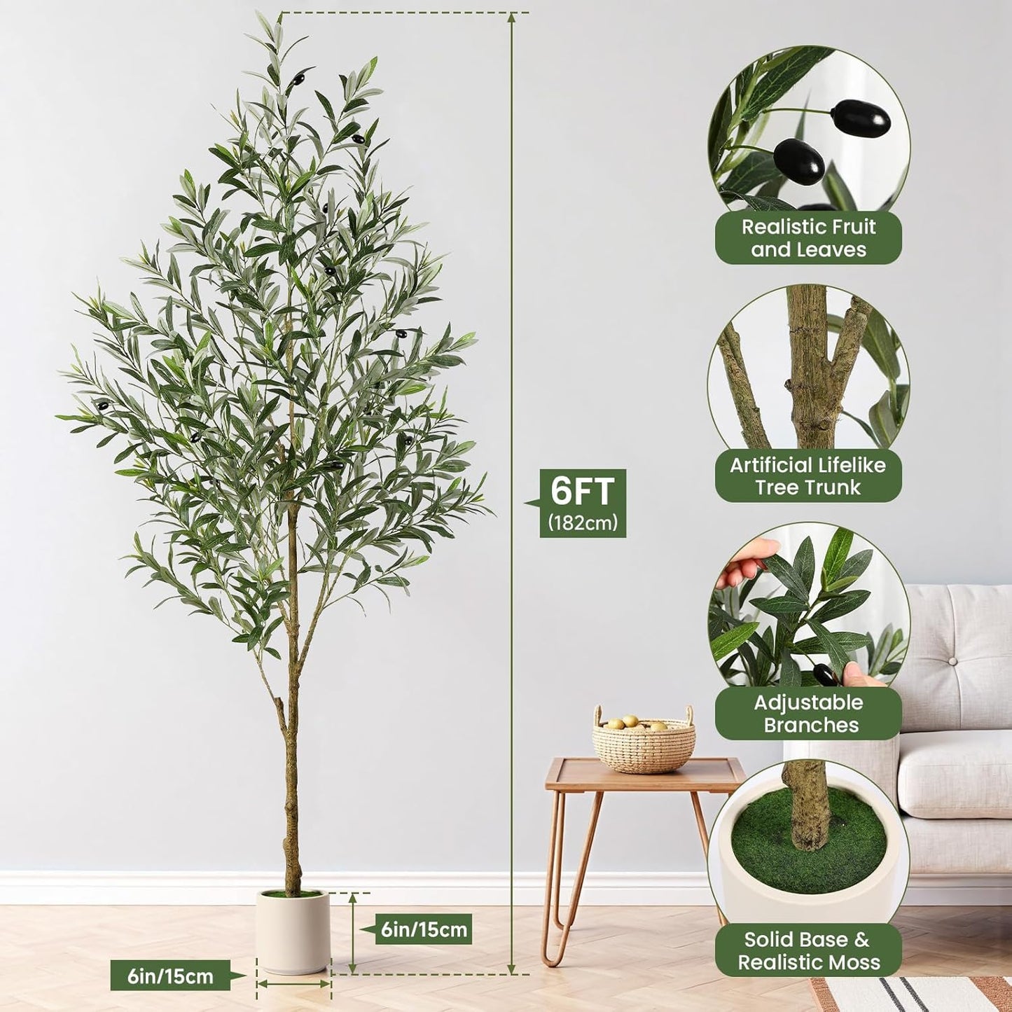 6FT Faux Olive Tree with Fruits White Pot, Indoor Home Decor | Faux Silk Plant, Lifelike Fruits,Safe Materials,Easy to Assemble,Indoor Fake Potted Tree