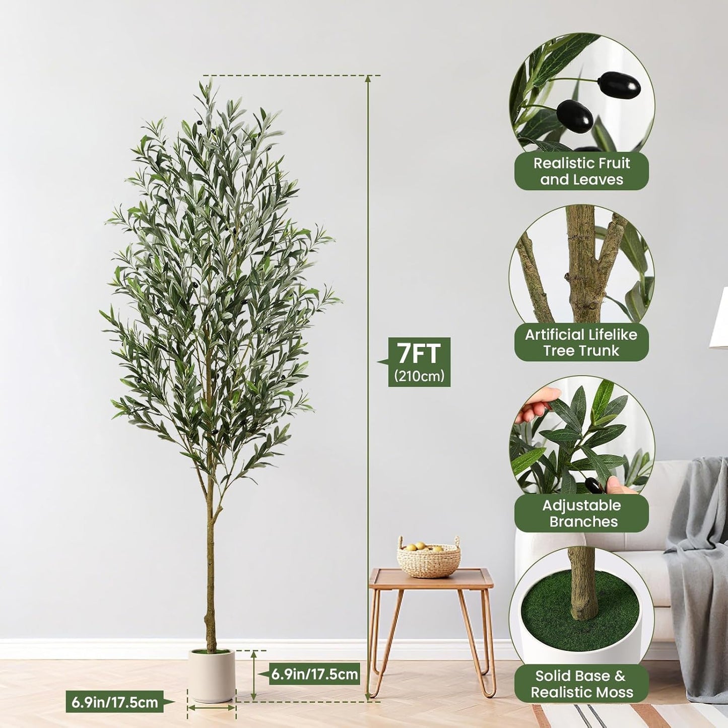 6FT Faux Olive Tree with Fruits White Pot, Indoor Home Decor | Faux Silk Plant, Lifelike Fruits,Safe Materials,Easy to Assemble,Indoor Fake Potted Tree