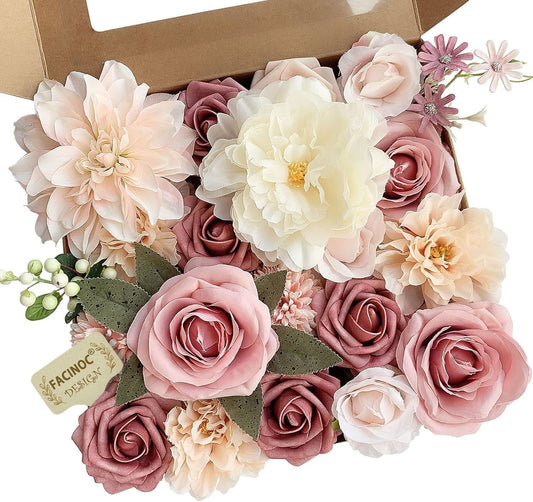 Roses Artificial Flowers Pink Bouquets Box Set for DIY Bridal Wedding Shower Decorations Fake Floral Arrangements for Party Table Centerpieces Home Decor Indoor Outdoor Dusty Blush 19pcs - Colors A