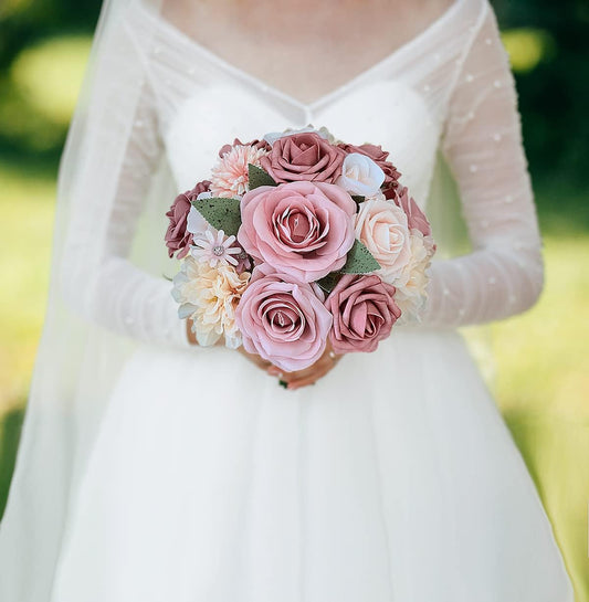 Roses Artificial Flowers Pink Bouquets Box Set for DIY Bridal Wedding Shower Decorations Fake Floral Arrangements for Party Table Centerpieces Home Decor Indoor Outdoor Dusty Blush 19pcs - Colors A