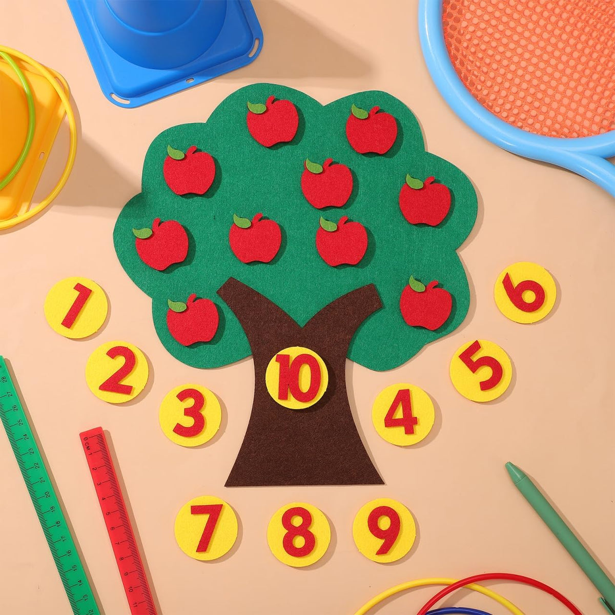 Felt Apple Tree Math Area Toy Educational Counting Game for Toddlers Preschool Early Childhood Learning with Mini Toy Apples 10.6 Inch