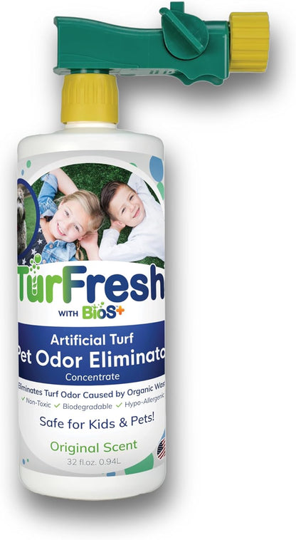 BioS+ Artificial Turf Pet Odor Eliminator – Enzyme Concentrate for Dog Urine and Feces for Artificial Grass, Kennels & Outdoor Surfaces – Safe for Kids, Pets & Plants – 32 oz Bottle