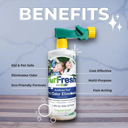 BioS+ Artificial Turf Pet Odor Eliminator – Enzyme Concentrate for Dog Urine and Feces for Artificial Grass, Kennels & Outdoor Surfaces – Safe for Kids, Pets & Plants – 32 oz Bottle