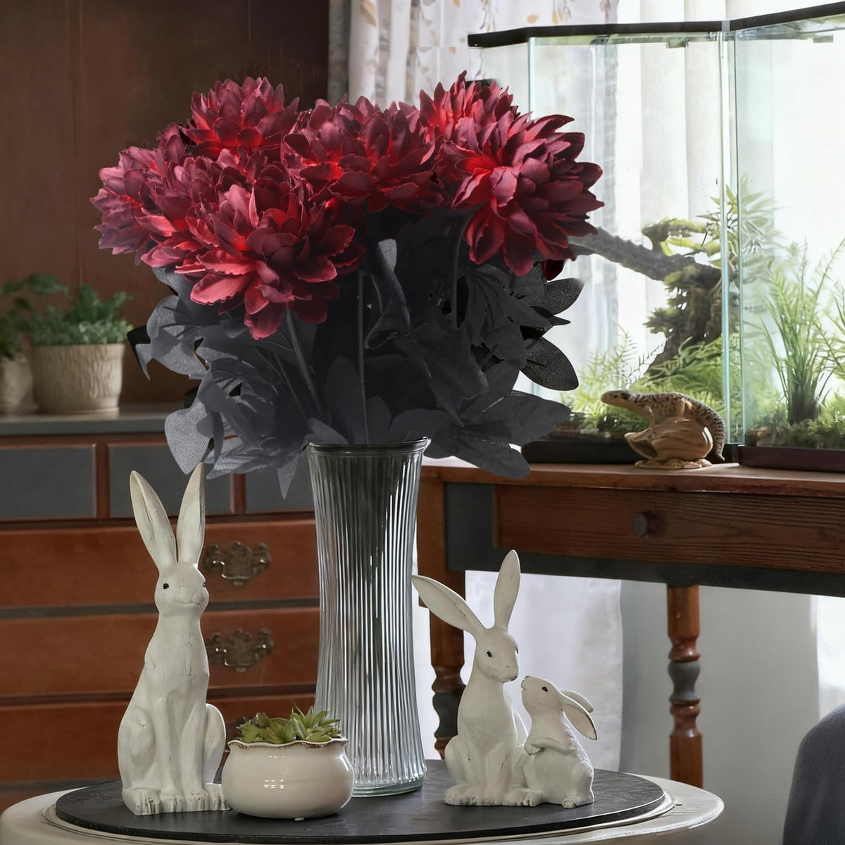 12Pcs Artificial Dahlia Flowers Burgundy Gothic Dead Flowers for Halloween