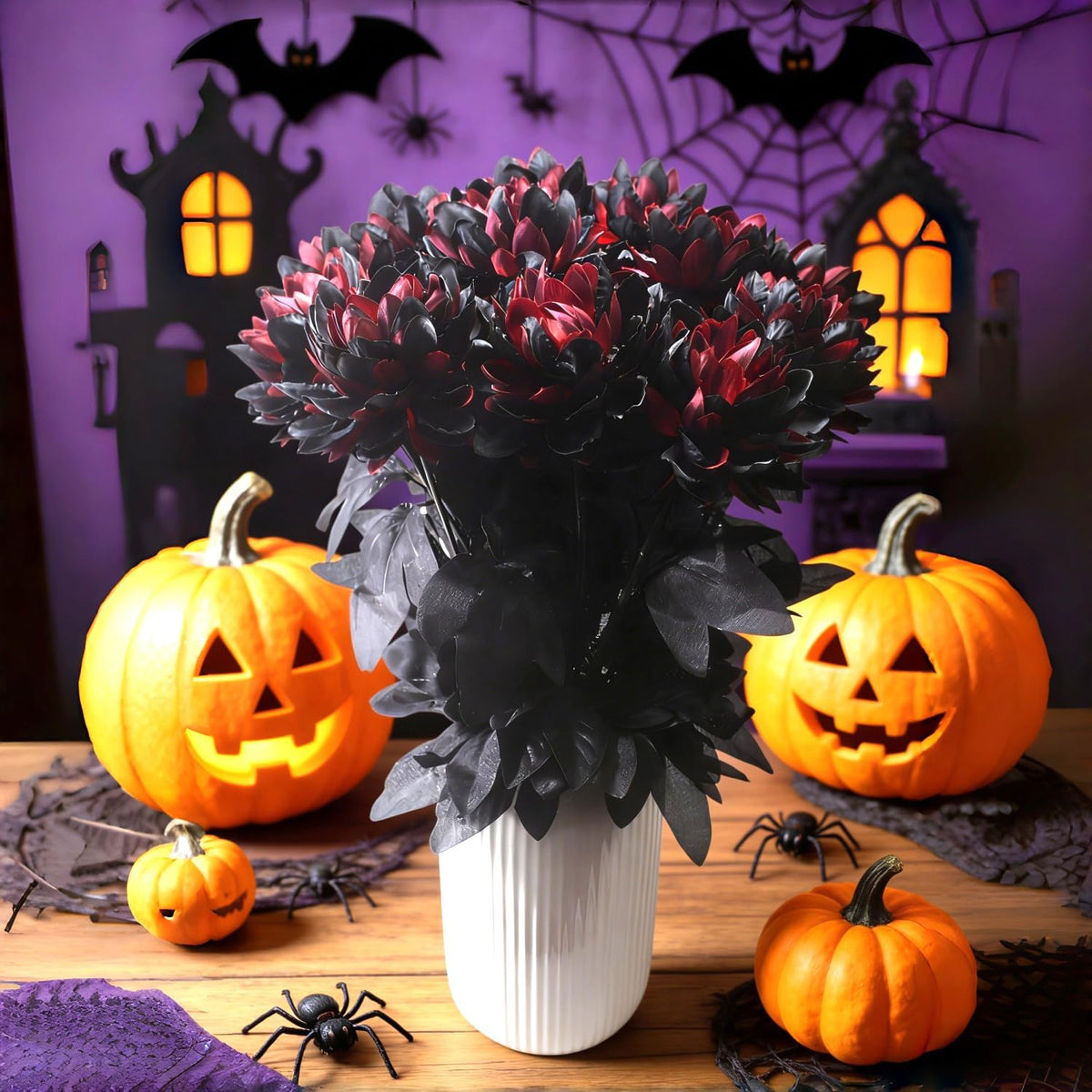 12Pcs Artificial Dahlia Flowers Burgundy Gothic Dead Flowers for Halloween