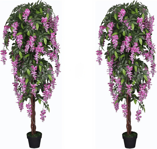 Pair 6 Feet Faux Purple Red Wisteria Artificial Trees with Nursery Plastic Pots, Feel Real Technology