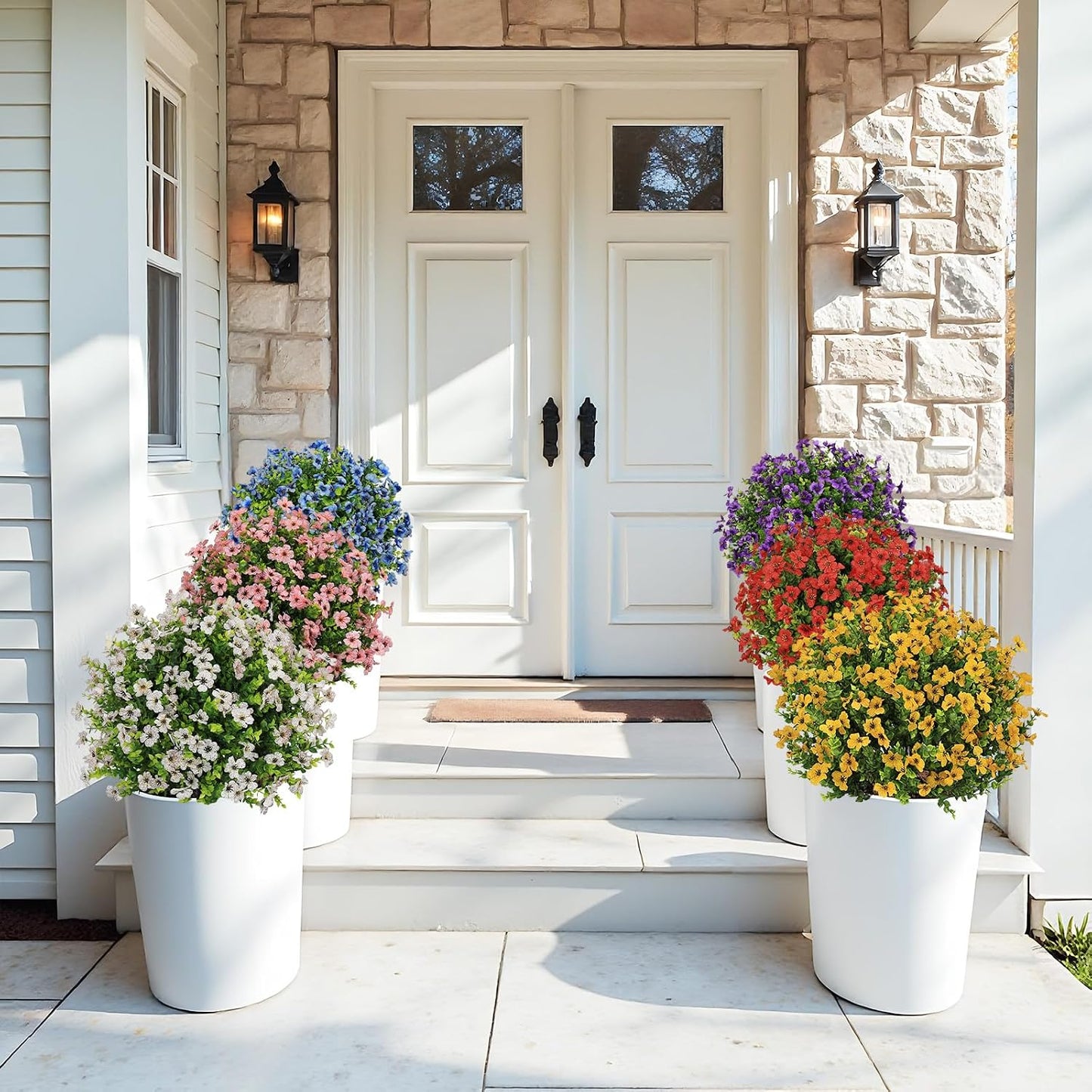 24" Artificial Potted Plants Outdoor Set of 2, UV Resistant Faux Red Flowers with Eucalyptus, Decorative Plants in Pots for Front Porch, Patio & Entryway