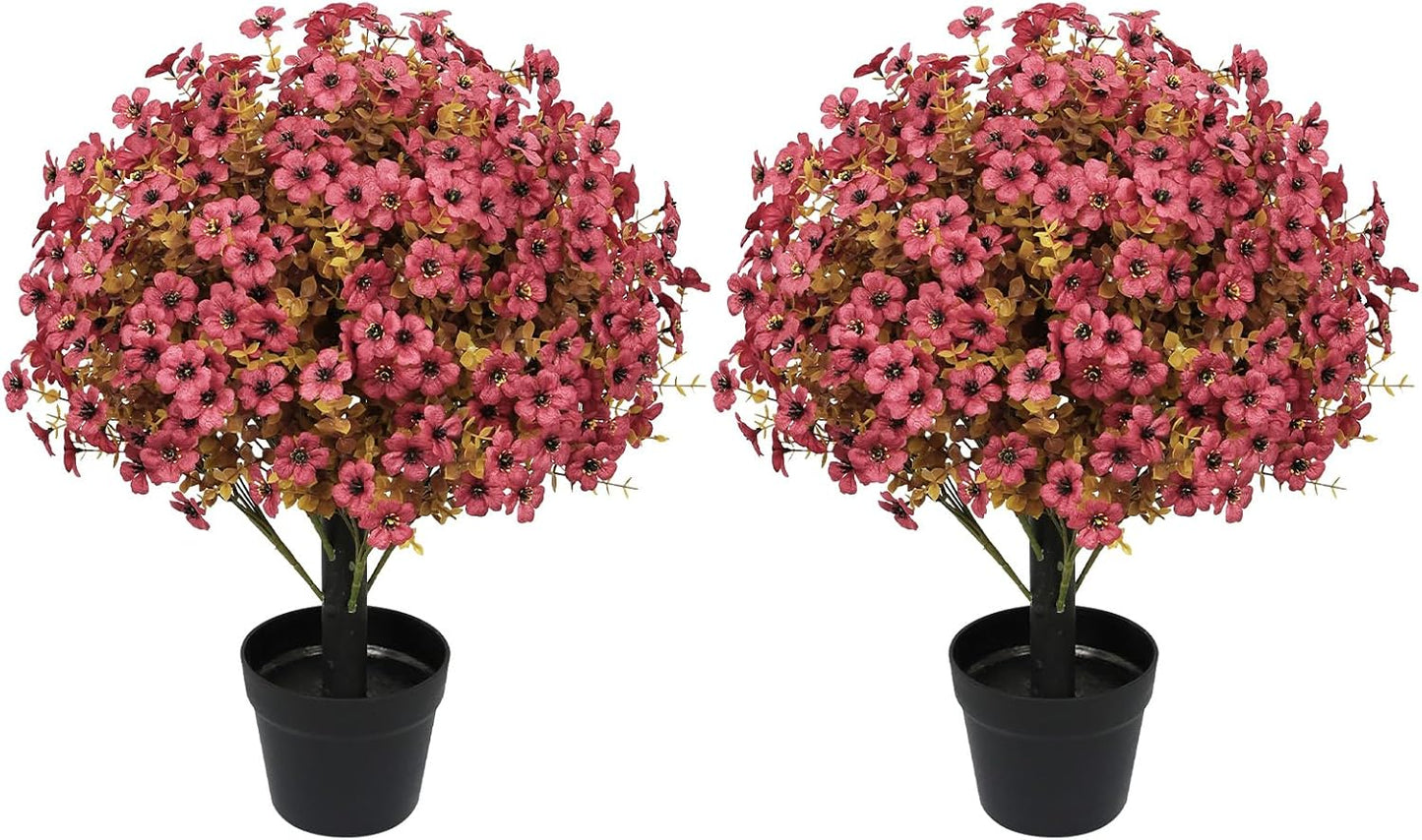 24" Artificial Potted Plants Outdoor Set of 2, UV Resistant Faux Red Flowers with Eucalyptus, Decorative Plants in Pots for Front Porch, Patio & Entryway