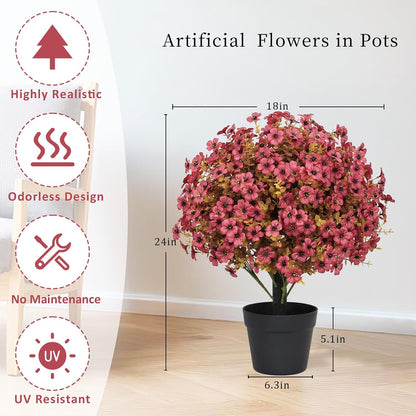 24" Artificial Potted Plants Outdoor Set of 2, UV Resistant Faux Red Flowers with Eucalyptus, Decorative Plants in Pots for Front Porch, Patio & Entryway