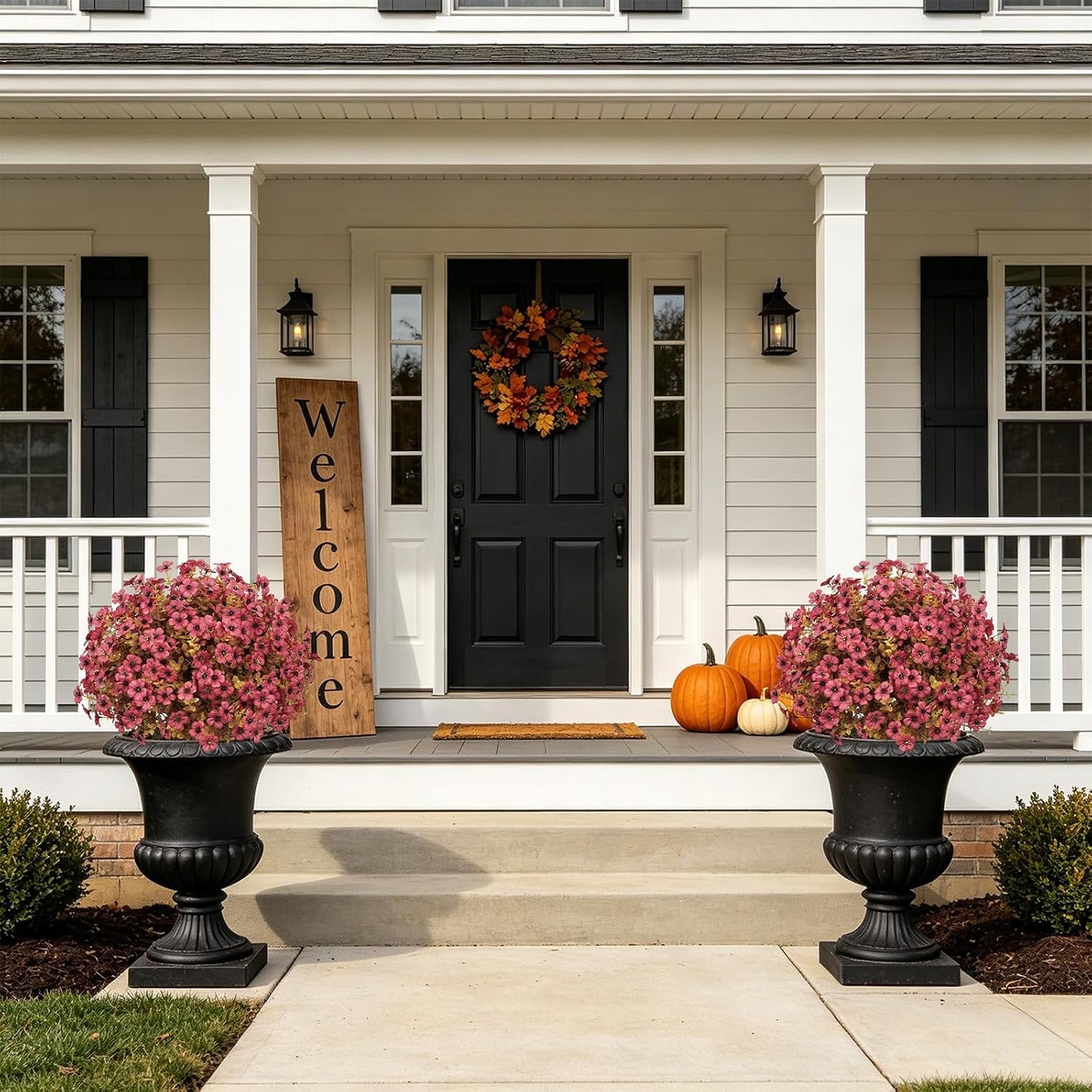 24" Artificial Potted Plants Outdoor Set of 2, UV Resistant Faux Red Flowers with Eucalyptus, Decorative Plants in Pots for Front Porch, Patio & Entryway
