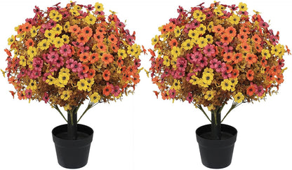 24" Artificial Potted Plants Outdoor Set of 2, UV Resistant Faux Red Flowers with Eucalyptus, Decorative Plants in Pots for Front Porch, Patio & Entryway