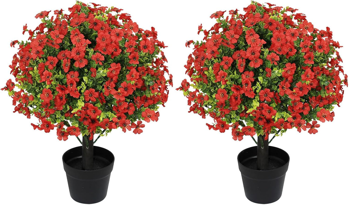 24" Artificial Potted Plants Outdoor Set of 2, UV Resistant Faux Red Flowers with Eucalyptus, Decorative Plants in Pots for Front Porch, Patio & Entryway