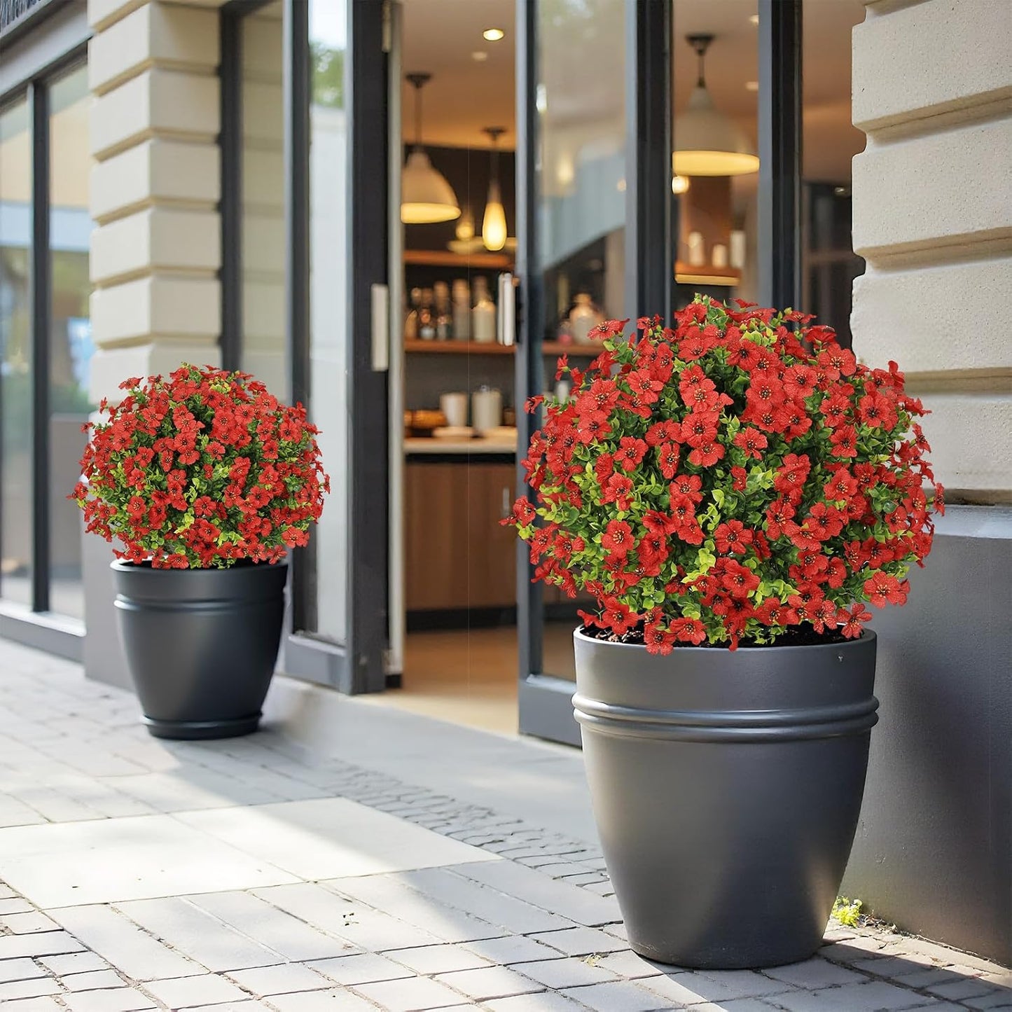 24" Artificial Potted Plants Outdoor Set of 2, UV Resistant Faux Red Flowers with Eucalyptus, Decorative Plants in Pots for Front Porch, Patio & Entryway