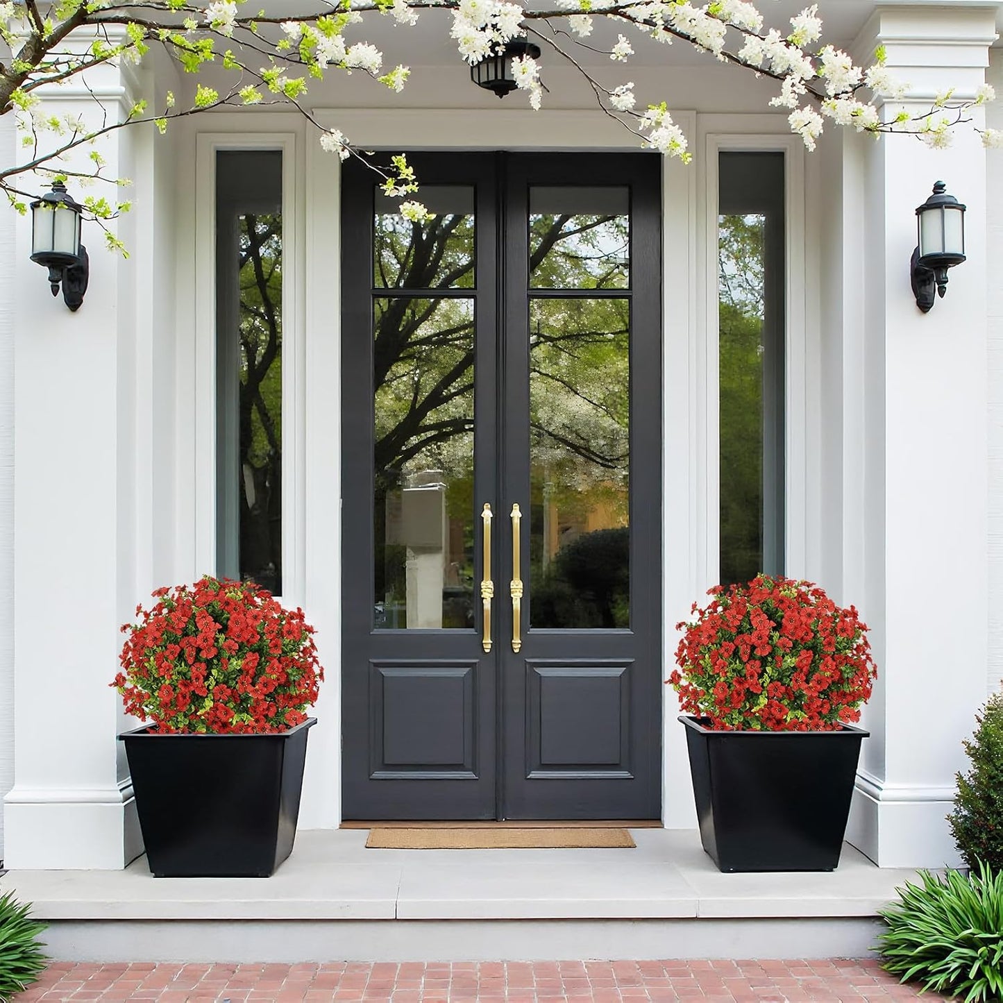 24" Artificial Potted Plants Outdoor Set of 2, UV Resistant Faux Red Flowers with Eucalyptus, Decorative Plants in Pots for Front Porch, Patio & Entryway
