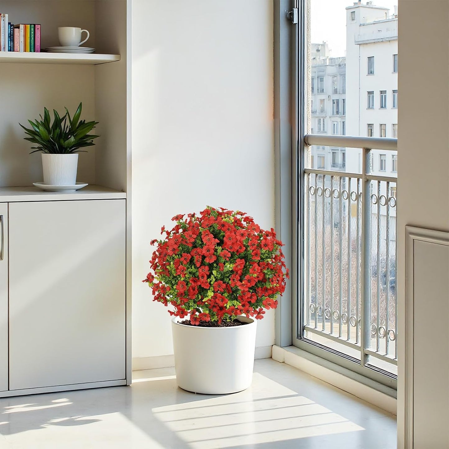 24" Artificial Potted Plants Outdoor Set of 2, UV Resistant Faux Red Flowers with Eucalyptus, Decorative Plants in Pots for Front Porch, Patio & Entryway