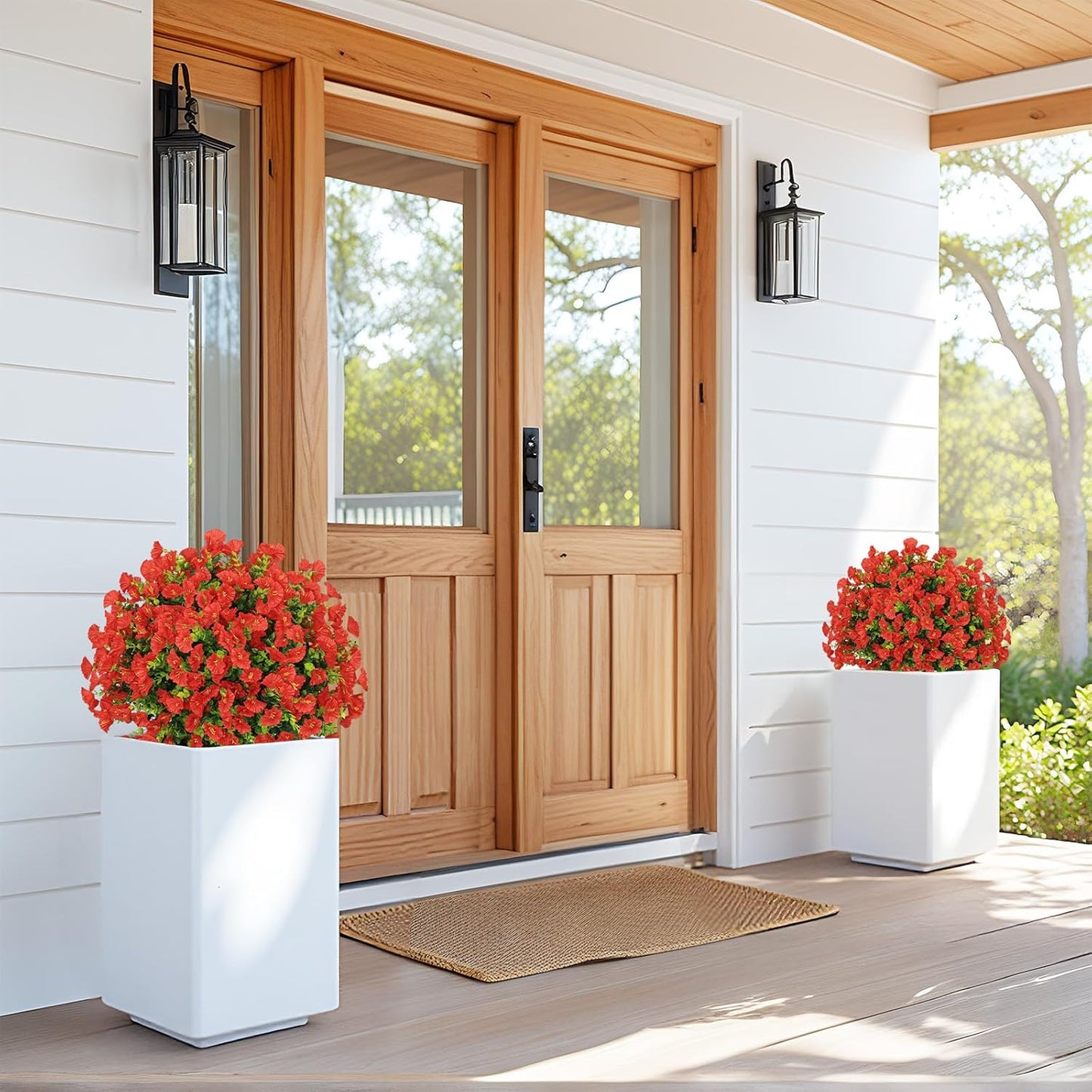 24" Artificial Potted Plants Outdoor Set of 2, UV Resistant Faux Red Flowers with Eucalyptus, Decorative Plants in Pots for Front Porch, Patio & Entryway