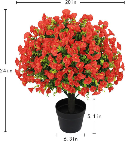 24" Artificial Potted Plants Outdoor Set of 2, UV Resistant Faux Red Flowers with Eucalyptus, Decorative Plants in Pots for Front Porch, Patio & Entryway