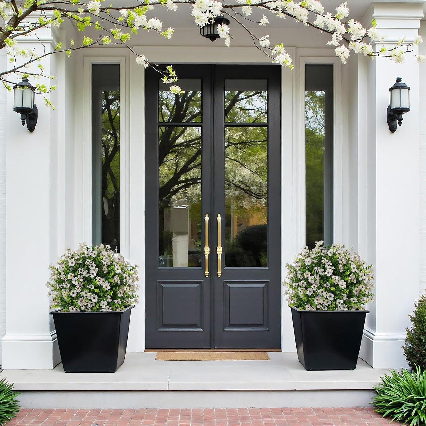 24" Artificial Potted Plants Outdoor Set of 2, UV Resistant Faux Red Flowers with Eucalyptus, Decorative Plants in Pots for Front Porch, Patio & Entryway