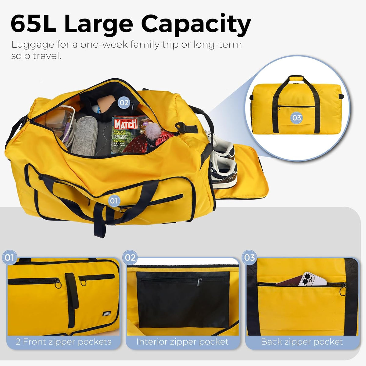 65L Duffle Bag Foldable Travel Duffel Bags for Men Women Travel Bag