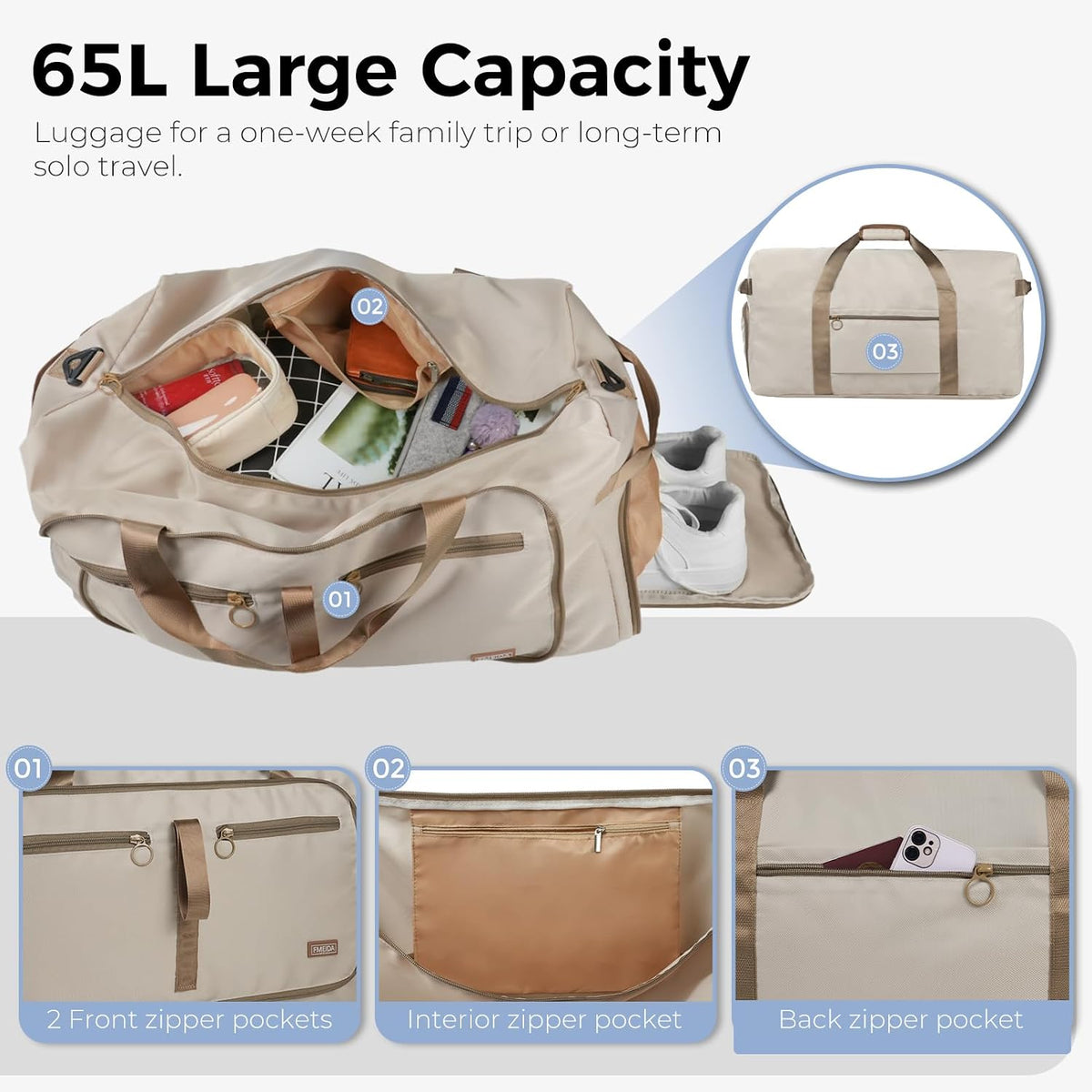 65L Duffle Bag Foldable Travel Duffel Bags for Men Women Travel Bag