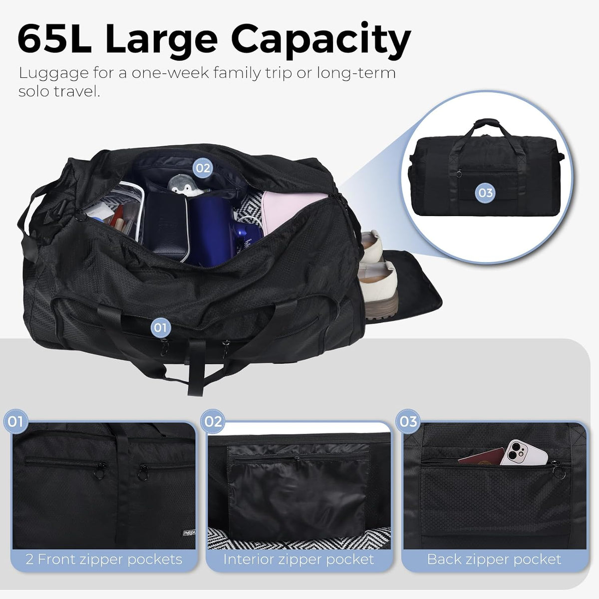 65L Duffle Bag Foldable Travel Duffel Bags for Men Women Travel Bag