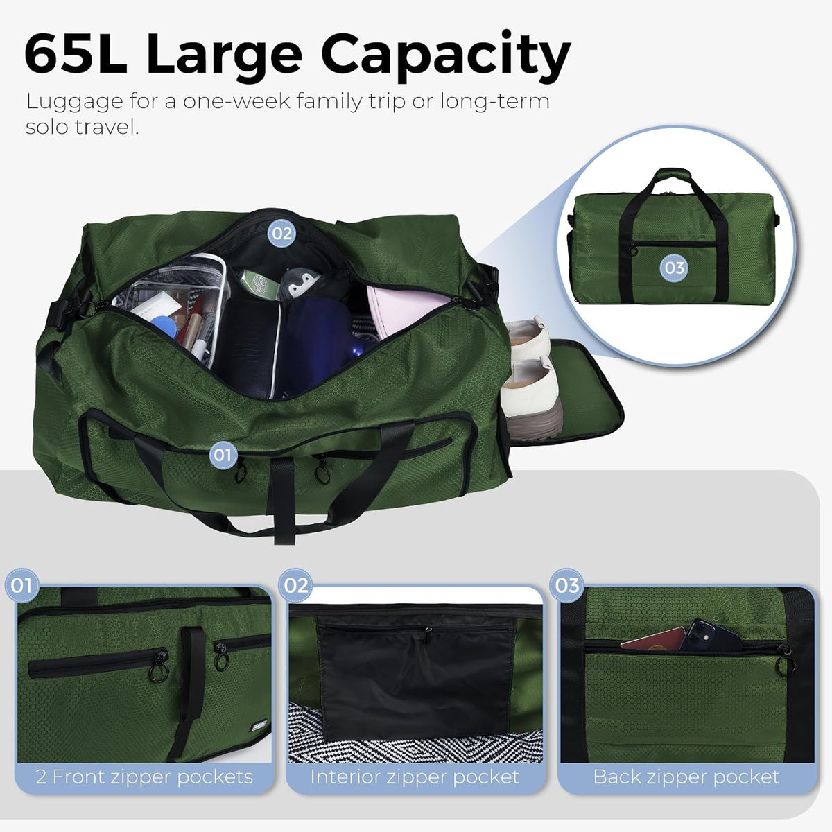 65L Duffle Bag Foldable Travel Duffel Bags for Men Women Travel Bag