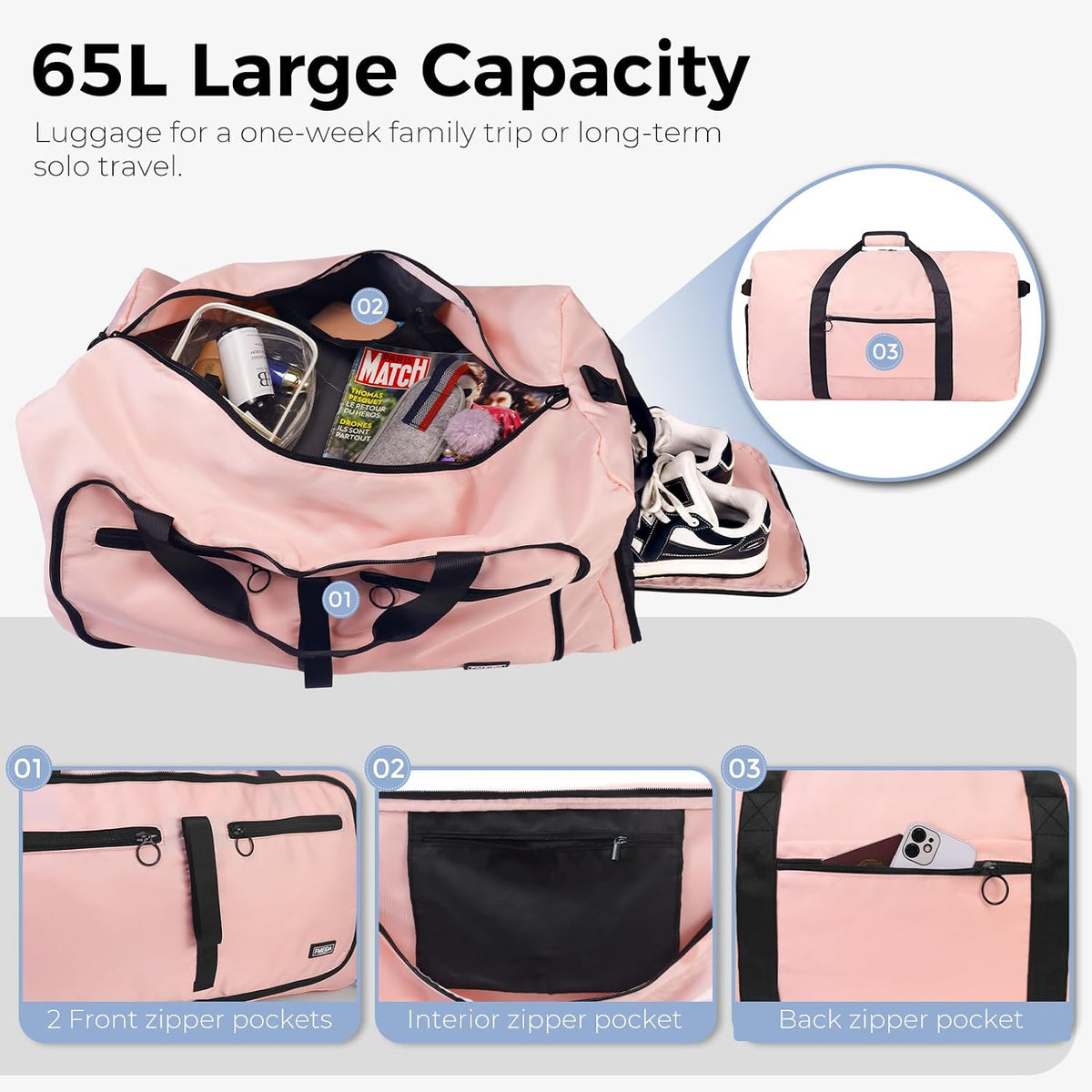 65L Duffle Bag Foldable Travel Duffel Bags for Men Women Travel Bag
