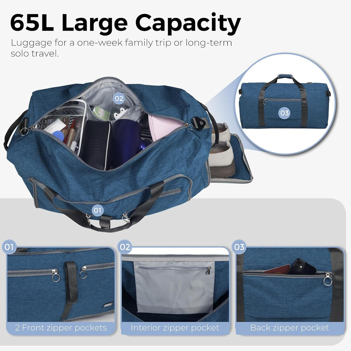 65L Duffle Bag Foldable Travel Duffel Bags for Men Women Travel Bag