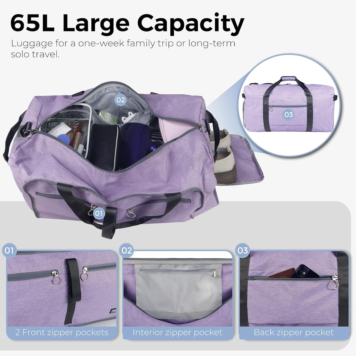 65L Duffle Bag Foldable Travel Duffel Bags for Men Women Travel Bag