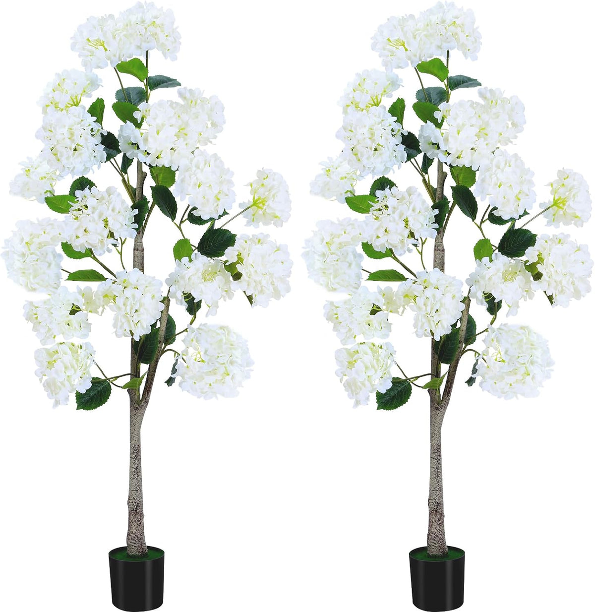 Set of 2 4FT White Artificial Hydrangea Trees in Pots, Realistic Faux Flowering Plants with Silk Blooms and Natural Trunks for Porch, Entryway, Patio, Home Garden Decor
