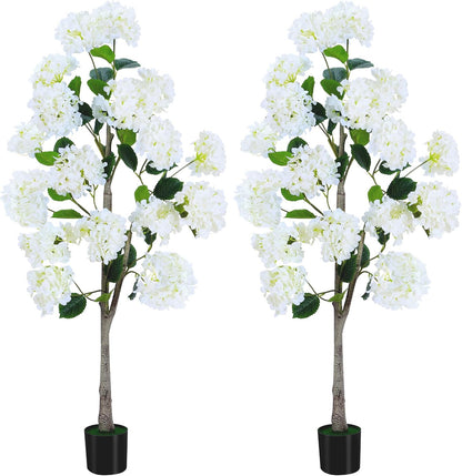 Set of 2 4FT White Artificial Hydrangea Trees in Pots, Realistic Faux Flowering Plants with Silk Blooms and Natural Trunks for Porch, Entryway, Patio, Home Garden Decor