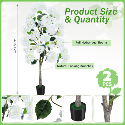Set of 2 4FT White Artificial Hydrangea Trees in Pots, Realistic Faux Flowering Plants with Silk Blooms and Natural Trunks for Porch, Entryway, Patio, Home Garden Decor