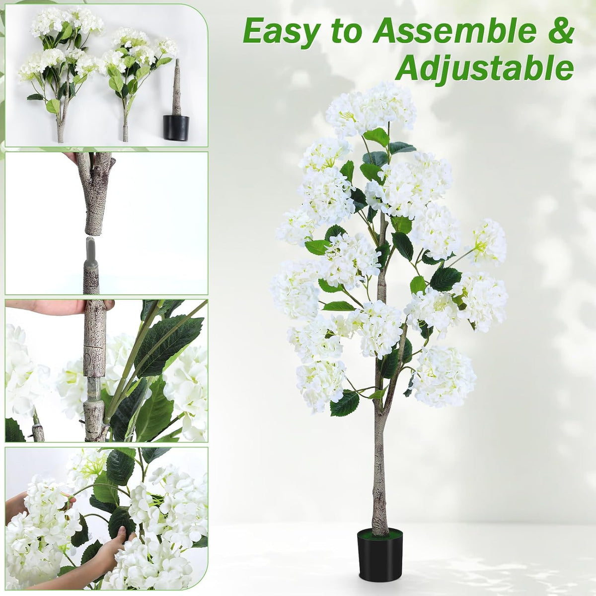 Set of 2 4FT White Artificial Hydrangea Trees in Pots, Realistic Faux Flowering Plants with Silk Blooms and Natural Trunks for Porch, Entryway, Patio, Home Garden Decor
