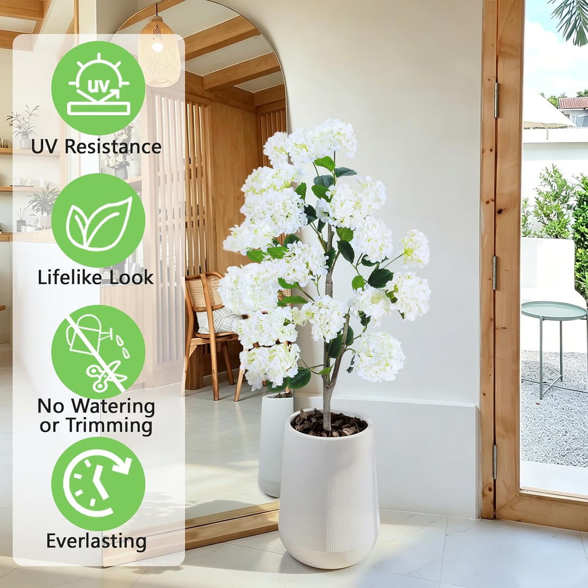 Set of 2 4FT White Artificial Hydrangea Trees in Pots, Realistic Faux Flowering Plants with Silk Blooms and Natural Trunks for Porch, Entryway, Patio, Home Garden Decor