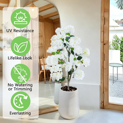 Set of 2 4FT White Artificial Hydrangea Trees in Pots, Realistic Faux Flowering Plants with Silk Blooms and Natural Trunks for Porch, Entryway, Patio, Home Garden Decor