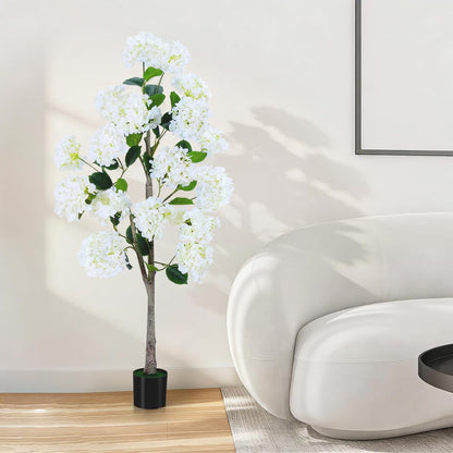 Set of 2 4FT White Artificial Hydrangea Trees in Pots, Realistic Faux Flowering Plants with Silk Blooms and Natural Trunks for Porch, Entryway, Patio, Home Garden Decor