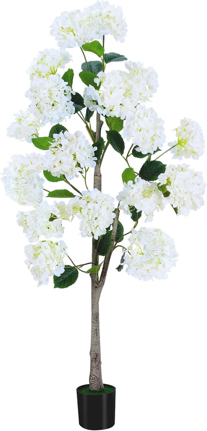 Set of 2 4FT White Artificial Hydrangea Trees in Pots, Realistic Faux Flowering Plants with Silk Blooms and Natural Trunks for Porch, Entryway, Patio, Home Garden Decor