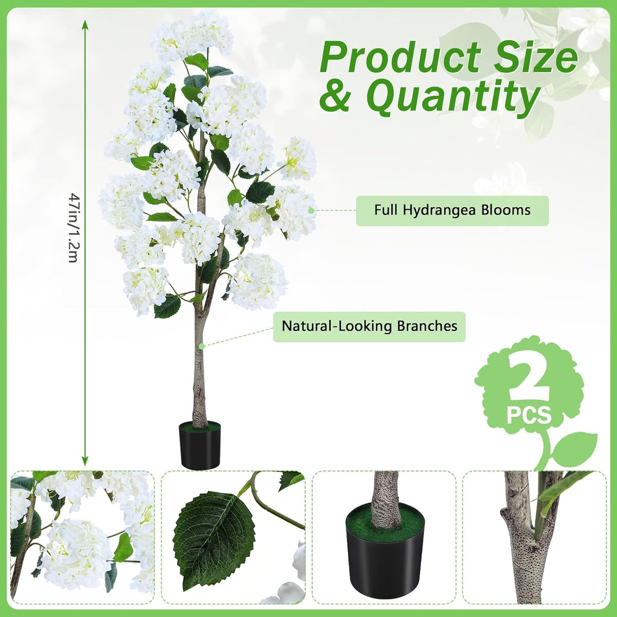 Set of 2 4FT White Artificial Hydrangea Trees in Pots, Realistic Faux Flowering Plants with Silk Blooms and Natural Trunks for Porch, Entryway, Patio, Home Garden Decor