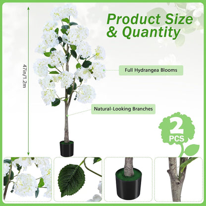 Set of 2 4FT White Artificial Hydrangea Trees in Pots, Realistic Faux Flowering Plants with Silk Blooms and Natural Trunks for Porch, Entryway, Patio, Home Garden Decor