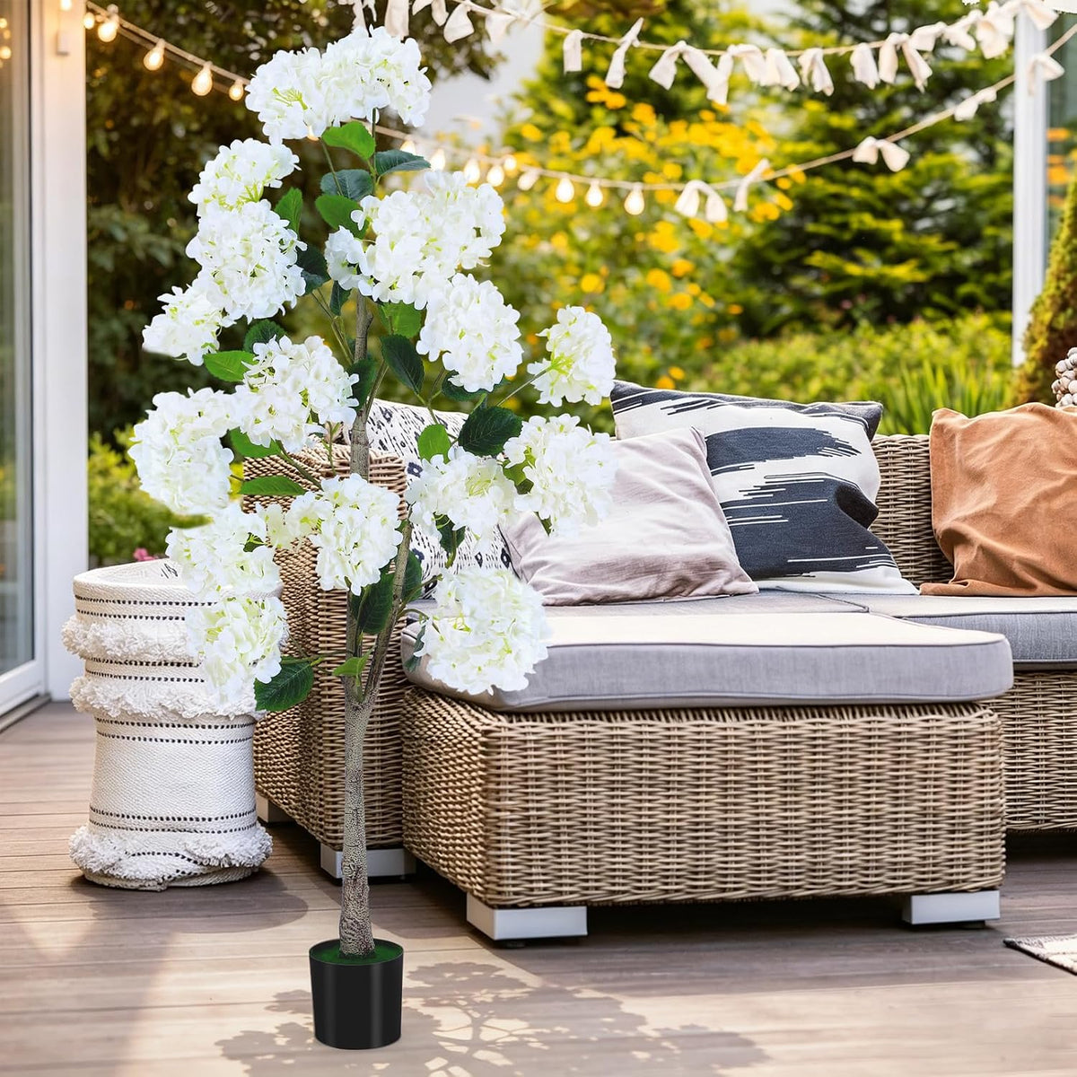Set of 2 4FT White Artificial Hydrangea Trees in Pots, Realistic Faux Flowering Plants with Silk Blooms and Natural Trunks for Porch, Entryway, Patio, Home Garden Decor