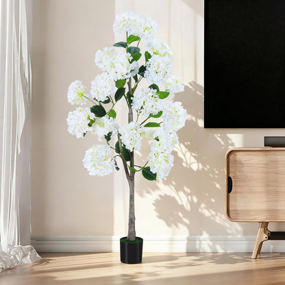 Set of 2 4FT White Artificial Hydrangea Trees in Pots, Realistic Faux Flowering Plants with Silk Blooms and Natural Trunks for Porch, Entryway, Patio, Home Garden Decor