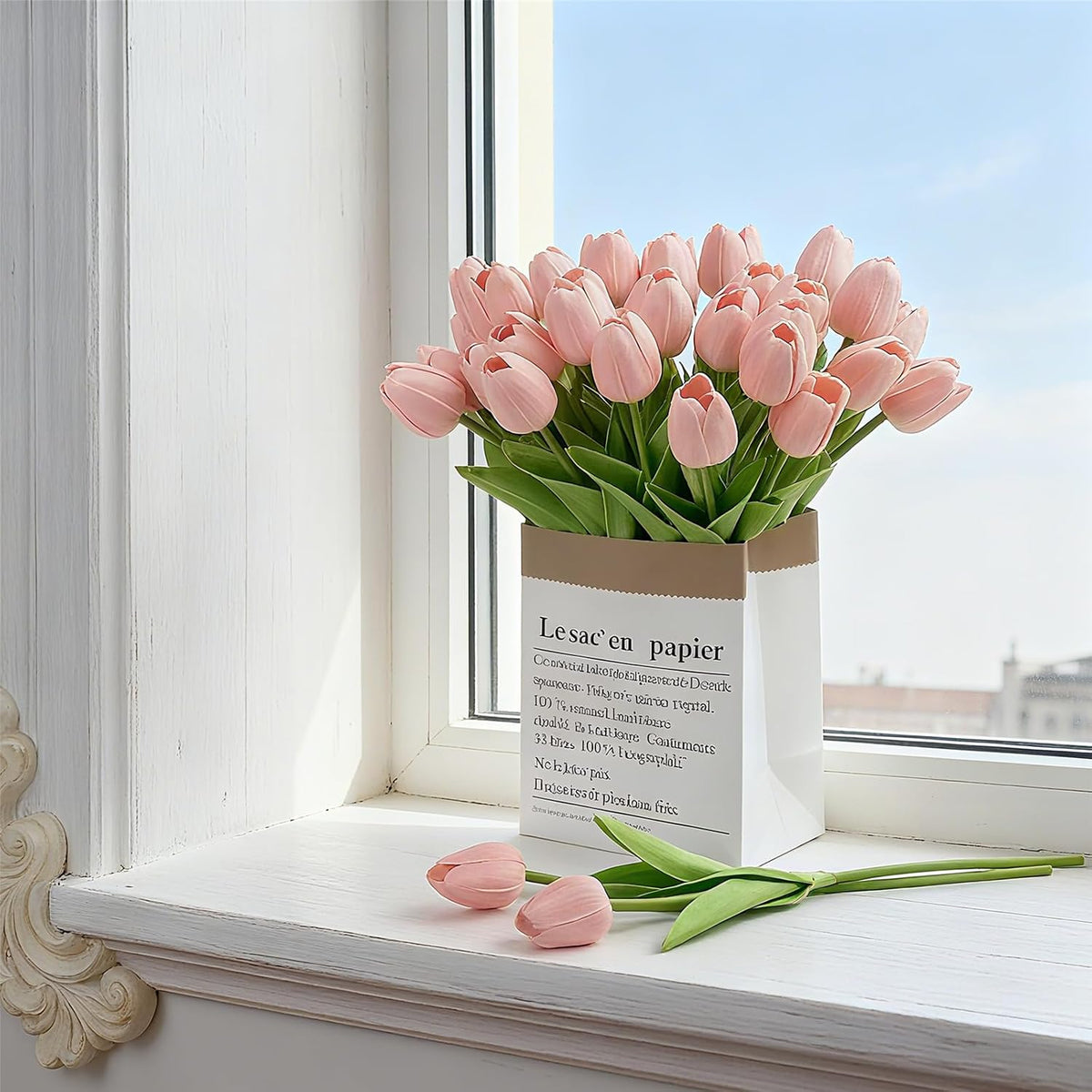 Light Pink Artificial Tulips, 20 Pcs PU Real Touch Faux Flowers