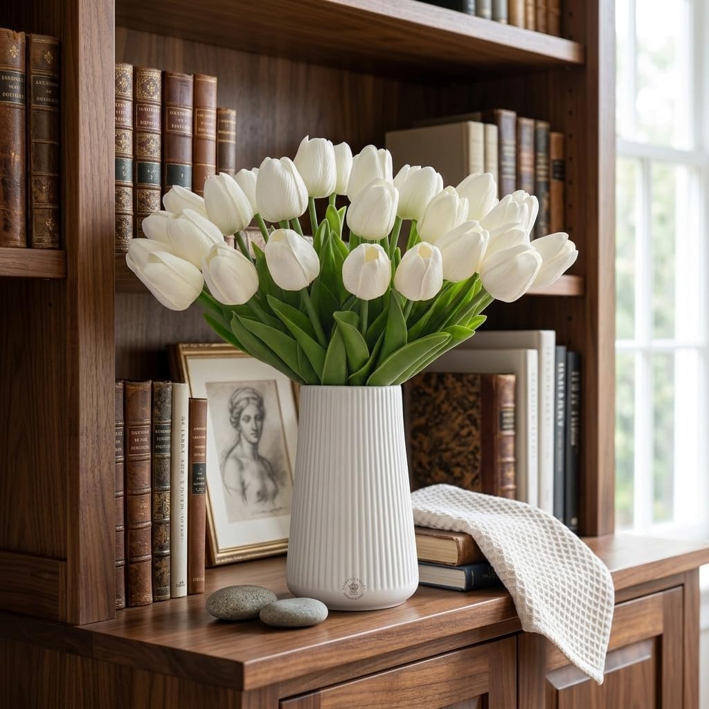Light Pink Artificial Tulips, 20 Pcs PU Real Touch Faux Flowers