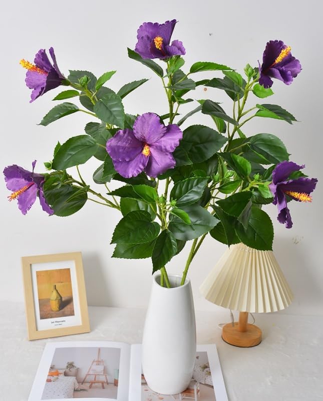 2Pcs Silk Fake Hibiscus Flowers Artificial Tropical with Long Stem