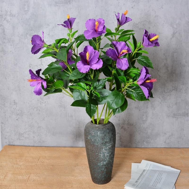 2Pcs Silk Fake Hibiscus Flowers Artificial Tropical with Long Stem